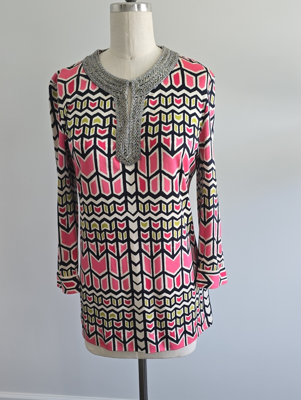 Tory Burch Pink, Black & Yellow Geometric Beaded-Neck Tunic